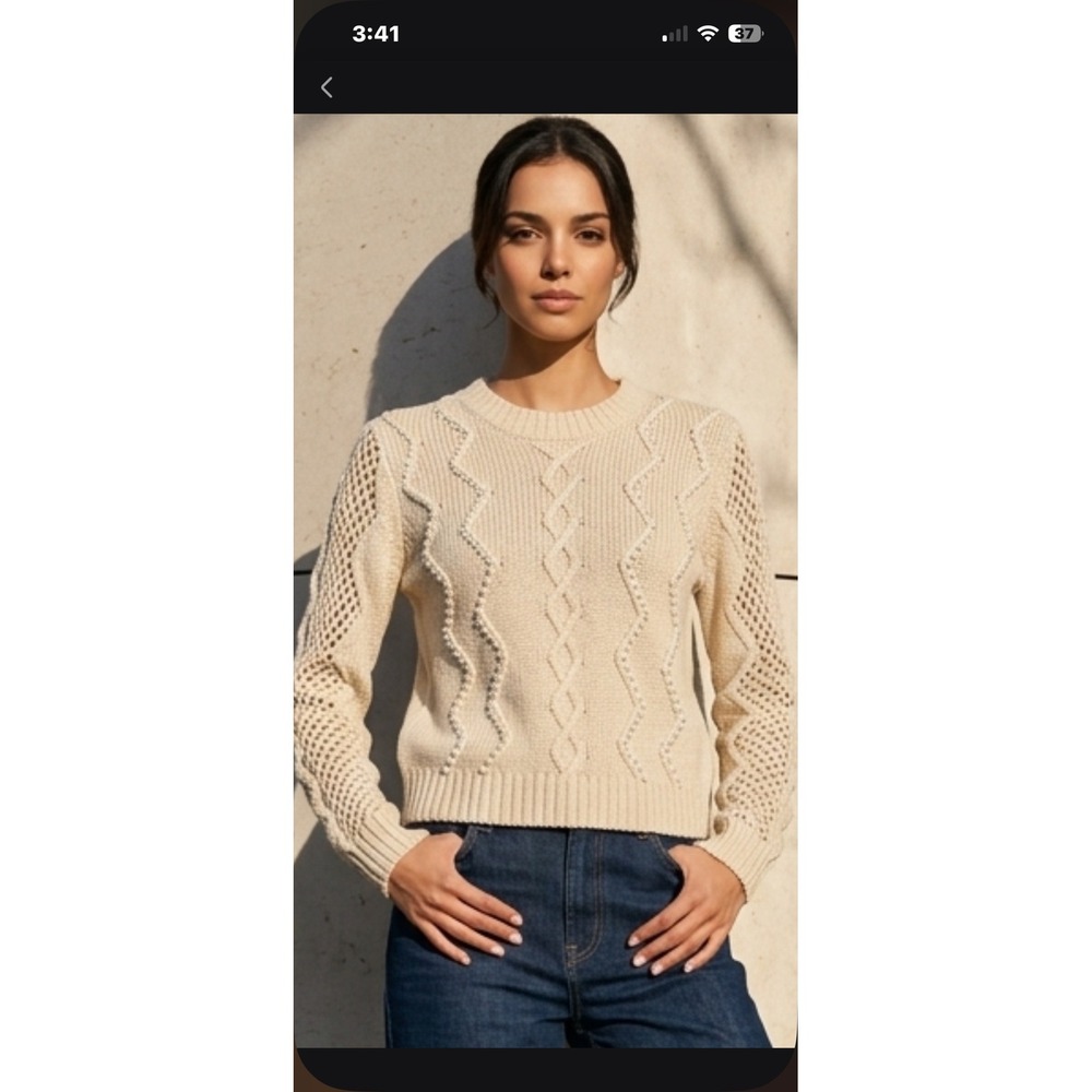 Charlotte Russe Pearl Embellished Cable Knit Sweater Cream Ivory Pointelle Large